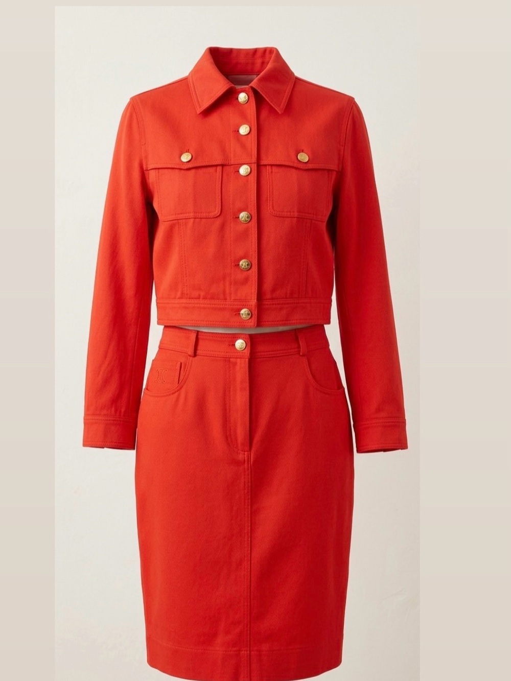 Insane VTG Celine Triomphe Logo Cotton Silk Orange Denim Two Piece Set 80s 90s